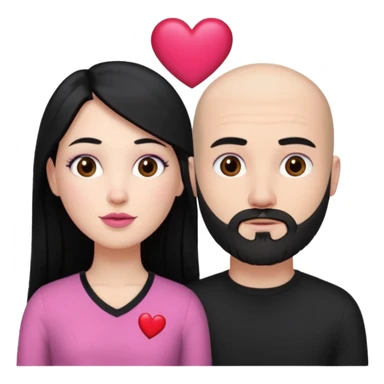 👩🏻‍❤️‍💋‍👨🏻 this one but the man should be bald. white woman with long black hair and white bald young man whoitiut hair and a heart between their heads. she has pink lips and both have brown eyes. he has e full beard but short. both wear black  sticker