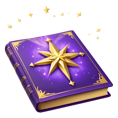 A **violet, glowing book** with **golden edges**, floating with **sparkles and magical wisps** around it. The cover features a **golden starburst sigil**, symbolizing charm and radiance. ✨📖 sticker