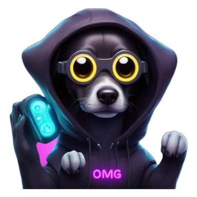 funny dog wearing a black hoodie with "OMG" letters on it and VR headset in a cyberpunk VR environment with violet neon lighting. sticker
