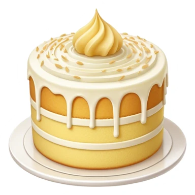 Cinematic Realistic Simple Vanilla Cake, a perfectly baked golden sponge with soft, airy layers, delicate vanilla frosting smoothly spread across the top, tiny flecks of vanilla bean visible, warm golden lighting creating depth, glowing with a sweet, irresistible charm. sticker