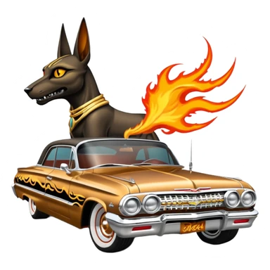 Satans Hot rod custom 1964 impala low rider four door Anubis themed painted hood flaming side-mounted chrome exhaust pipes driving straight to hell  sticker