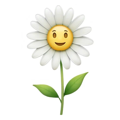 Cinematic Realistic Daisy Emoji, Cheerful and pure, with bright white petals surrounding a sunny yellow center, standing proudly atop a slender green stem. The soft, vibrant petals seem to radiate positivity, while a few green leaves frame the delicate flower. Soft glowing outline, capturing the essence of simplicity, innocence, and happiness in a single daisy. sticker