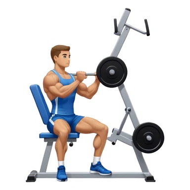 side-view bodybuilder in blue shorts seated weighted calf-raise machine lower leg exercise sticker