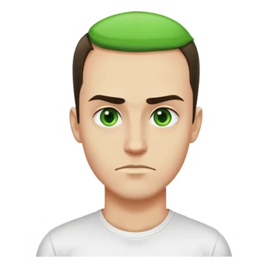 A guy that has a green forhead wearing a white t-shirt with a big black M on the t-shirt  sticker