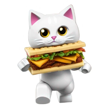 A cat made out of Lego has stolen a döner kebab and is being chased down the street by Donald trump sticker