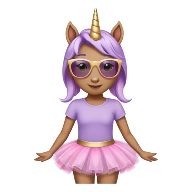 head and shoulders portrait of a friendly anthropomorphised female unicorn in tutu and pink t-shirt, wearing dark sunglasses, lavender and gold color scheme sticker