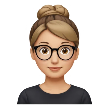 femme de 38 ans avec des cheveux blond foncé, un chignon haut, yeux bruns, lunettes rondes sticker