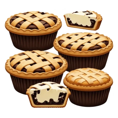 Baking community avatar in clean emoji-style illustration. Pies, cookies, and muffins grouped together, warm golden tones, simple shapes, flat design, high contrast, cozy and friendly. sticker