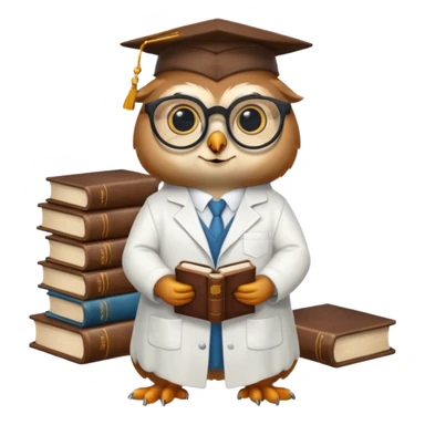 Wise bird with glasses, wearing a lab coat, perched on a stack of books. sticker