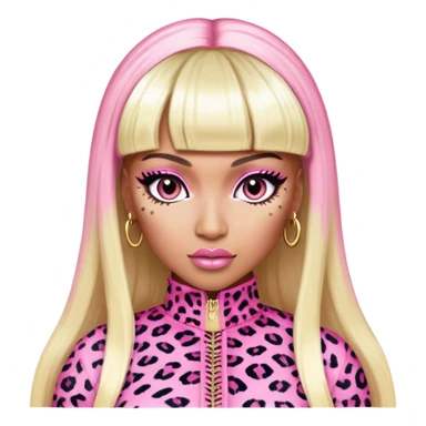 Nicki Minaj in pink and white leopard print outfit from Super Bass music video with bangs and split-dyed hair blonde on left side pink on right side sticker