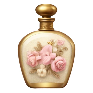 Vintage perfume bottle in antique Greek style, white, pink and beige, oil perfume inside, sequins and flowers fluttering around sticker