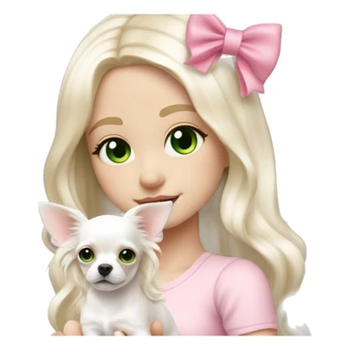 pale blond yt girl with wavy long platinum white hair with bright green eyes holding a white chihuahua puppy that wearing a pink bow sticker
