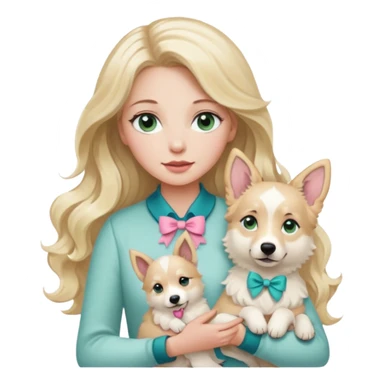 A white Long Wave blonde Hair Woman with blue-green eyes, with a Brown eyed White Shepard  in the arm ,the dog has a little bit beige in then end of the ears and a pink bow in neck . sticker
