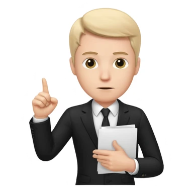 A white man in a black suit stands with a serious face and points at his hand holding papers. sticker