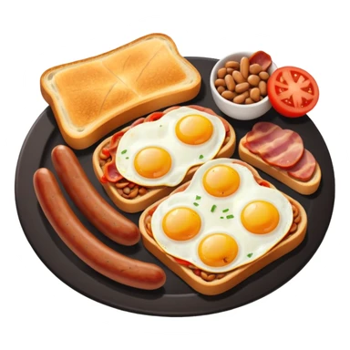full English breakfast with eggs, bacon, sausage, beans, toast, and tomato sticker