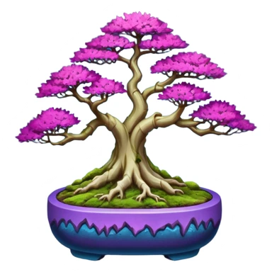 Futuristic wild glowing et alien moss maples Bonsai hair-fine-leaf group crimson crystal boxwood purple and cream pink blue informal rocky cliffhanger forest planting in shallow slab style pot  sticker