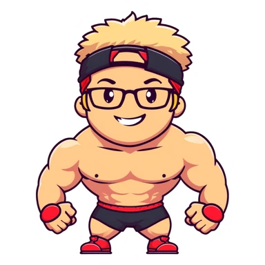 Man with black and white cap, shirtless muscular body, red shorts, clear glasses, messy light blond mullet hairstyle, flexing muscles and smiling sticker