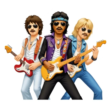 Icon for Rock Music: collage of iconic rock musicians—Klaus Meine, Jimi Hendrix, Kurt Cobain, Freddie Mercury, and Ozzy Osbourne—playing electric guitars and singing on stage. Capturing the powerful energy and rebellious spirit of rock. Transparent background. sticker