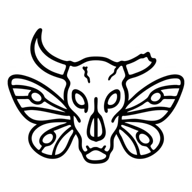 a terrifying minimal red line art of just a head (no body) combining minotaur skull with broken horn, stoat features, frog mouth, with moth wings sprouting directly from the skull, transparent hollow center, distressed appearance with deliberately missing sections, worn texture, sparse red lines only sticker