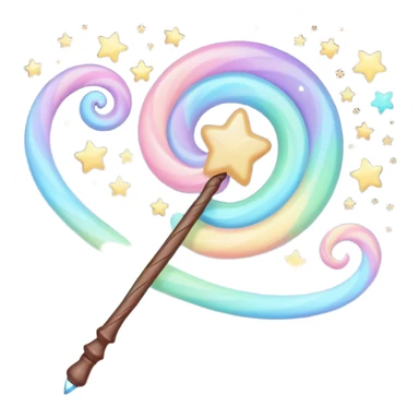 Cinematic cute magical wand, pastel swirls of color, tiny twinkling stars floating around, glowing softly, chubby rounded edges, whimsical and dreamy. sticker