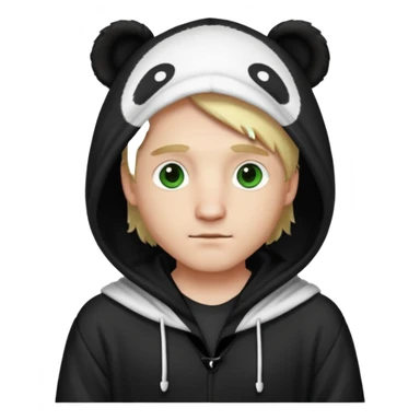 A white man with green eyes, medium-length blond hair, wearing a panda hoodie and black pajama-like robes. sticker