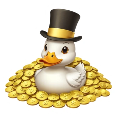 Duck character in top hat swimming in pile of gold coins and money bags sticker