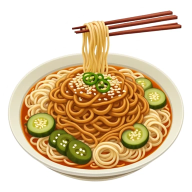 Wuhan hot dry noodles with sesame paste and pickles, simplified emoji style with bold outlines and bright colors, cartoon style Hubei breakfast Re Gan Mian sticker