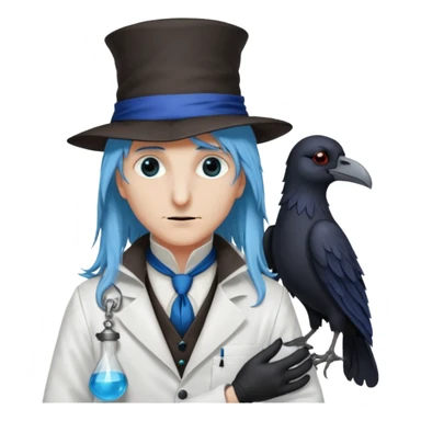 Plague Doctor with light-blue beautiful hair, long hair tendril bangs down on the sides, white lab coat, blue cravat, black feathers on shoulder, raven companion, black gloves, red eyes sticker