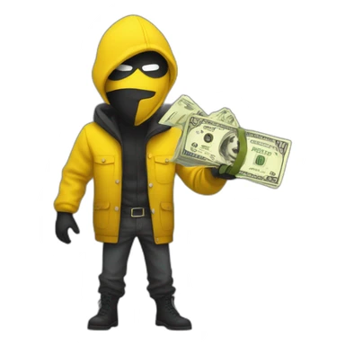 Yellow robber with bag of cash and mask sticker