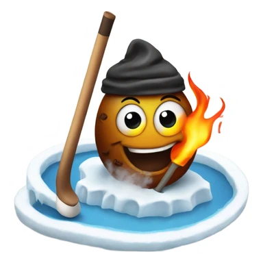 Flaming poop holding a hockey stick while on ice sticker
