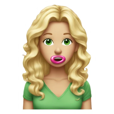 blonde female hair down with green eyes blowing a pink bubble gum sticker