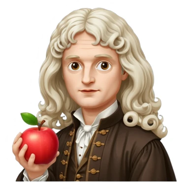 Isaac Newton wearing 17th-century aristocratic attire with long curled periwig, hold an apple sticker