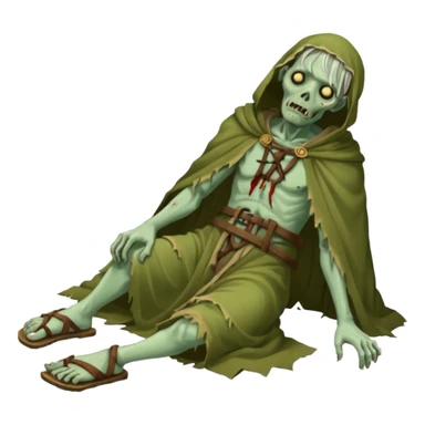 fullbody zombie leper laying on the ground, with ancient sandals and ragged cloak sticker