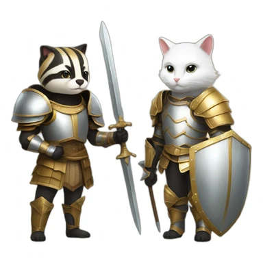 a badger with a lether armour, and a white female cat with a golden armour sticker