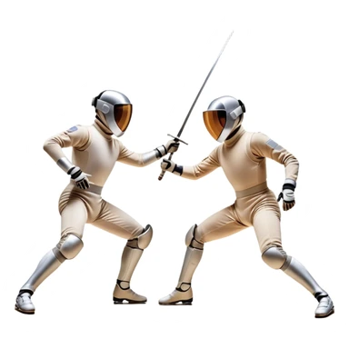 Two fencers in full protective gear duel on a professional piste. The background features a dynamic blur, symbolizing speed and precision. The scene is illuminated by bright arena lights, emphasizing the intensity of the match. Transparent background. sticker
