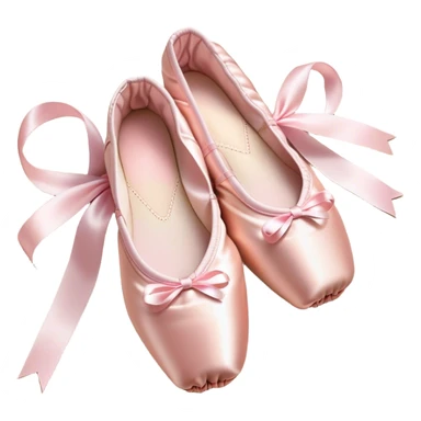 Cinematic Realistic Ballet Shoes, soft satin pink pointe shoes with delicate ribbons, resting gently on a polished wooden floor, subtle creases in the fabric, glowing under the warm golden light of a rehearsal studio, evoking elegance and grace. sticker