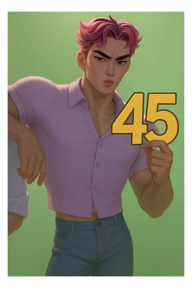 Make the character hold the number 45 in their left hand, keeping the original style and pose. Only add the number 45, do not change anything else. sticker