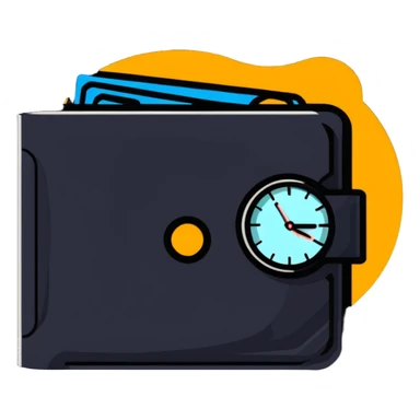 wallet with a zooming clock with motion blur in top right corner, clock with speed streaks, speedometer-style clock showing fast service sticker
