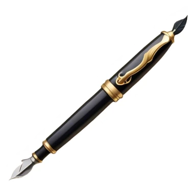 Create a delicate, artistic emoji representing poetry. The design should include a black fountain pen or quill with ink flowing gently onto a piece of parchment or scroll. Add soft, flowing lines to represent the fluidity of verse and creativity. Include elements like a small ink bottle or a feather in the background, and subtle accents of gold or silver to evoke elegance and inspiration. The overall design should feel light, romantic, and whimsical. Make the background transparent. sticker