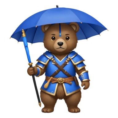Bear with blue umbrella, wearing samurai sticker
