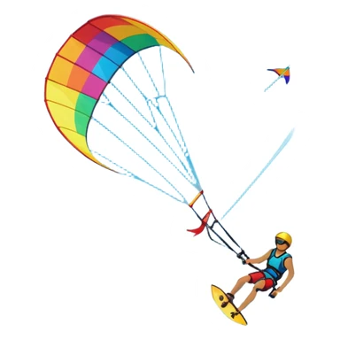 A vibrant kite soaring high in the sky, attached to a kiteboarder riding the waves below. The scene is filled with bright colors, capturing the energy of the sport. The background features the ocean, wind-blown waves, and a clear sky, showcasing the excitement and freedom of kiting. sticker