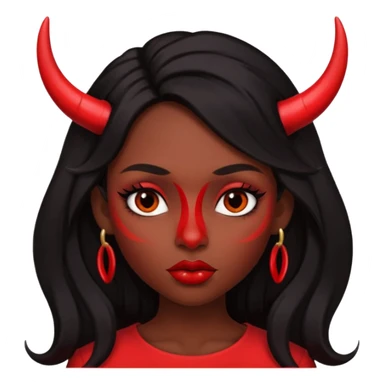 A skin red girl's face with cheekbones, long black hair, small red horns, big lips sticker