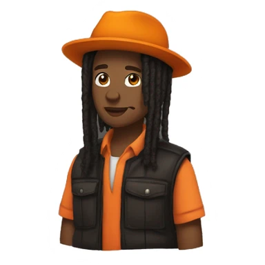 brown African american whit starter dreads and black hat backwards and orange puffer vest sticker