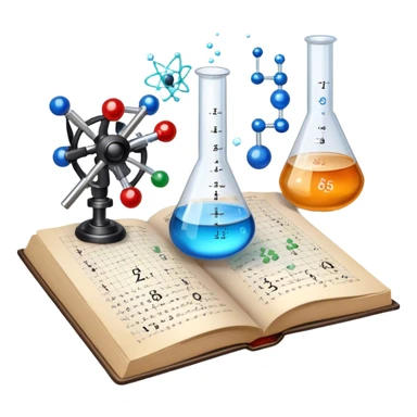 Icon for Scientific and Educational Reading: an open book with mathematical and physical formulas on the pages, with molecules and atoms flying out. On the desk are test tubes, flasks, and a microscope. Transparent background. sticker