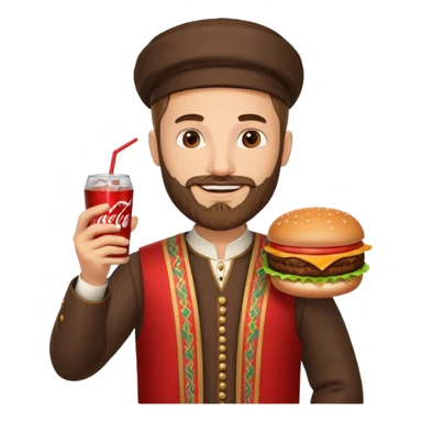 caucasian man with beard and armenian traditional costume, burger in one hand, coke in other sticker
