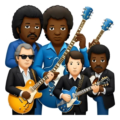 Icon for Blues Music: close-up collage of legendary blues artists. Gary Moore, Eric Clapton, B.B. King and Joe Cocker. Represented by silhouettes or symbolic items like guitars, microphones, or music notes, reflecting the soulful energy of blues music. Transparent background. sticker