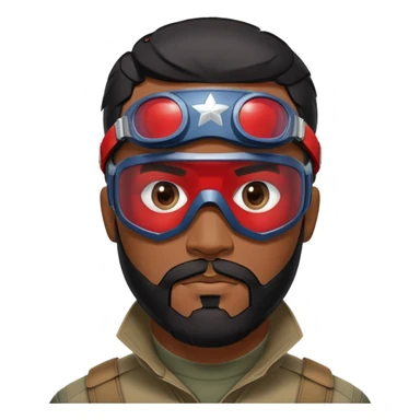sam wilson with a close to the scalp black hair  and  a well-groomed beard that connects to his mustache,  wear sleek, red-tinted tactical goggles fit snugly from captain america: civil war sticker
