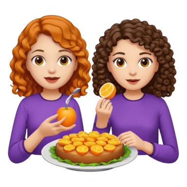Two girls eating, one brunette with straight hair and another brunette with curly hair, emoji style, first girl has a purple blouse and the second girl has an orange blouse sticker