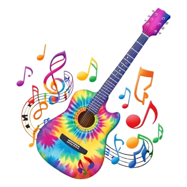 Tie-dye guitar with music notes around it sticker