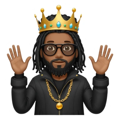 African American man with shoulder length black dreadlocks with black beard wearing black sunglasses with a black bubble winter coat wearing a crown with hands out sticker